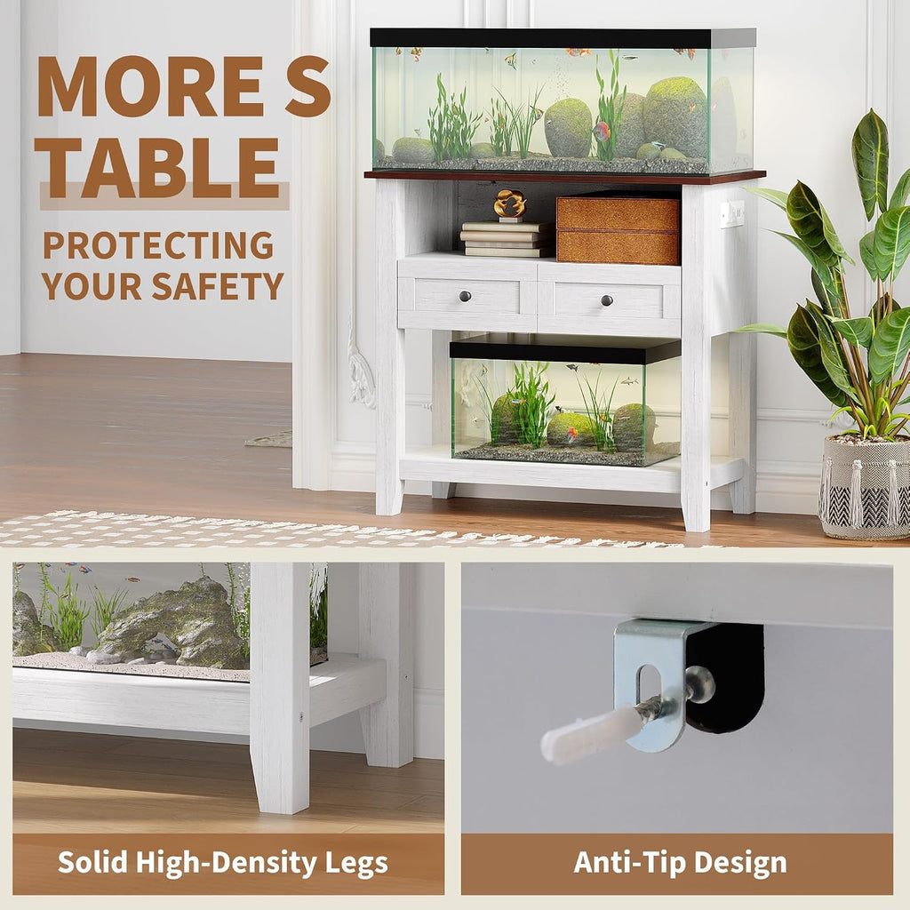 Heavy-Duty 20-29 Gallon Aquarium Stand with Charging Station, 660 lbs Capacity, Drawers & Open Storage - for Fish