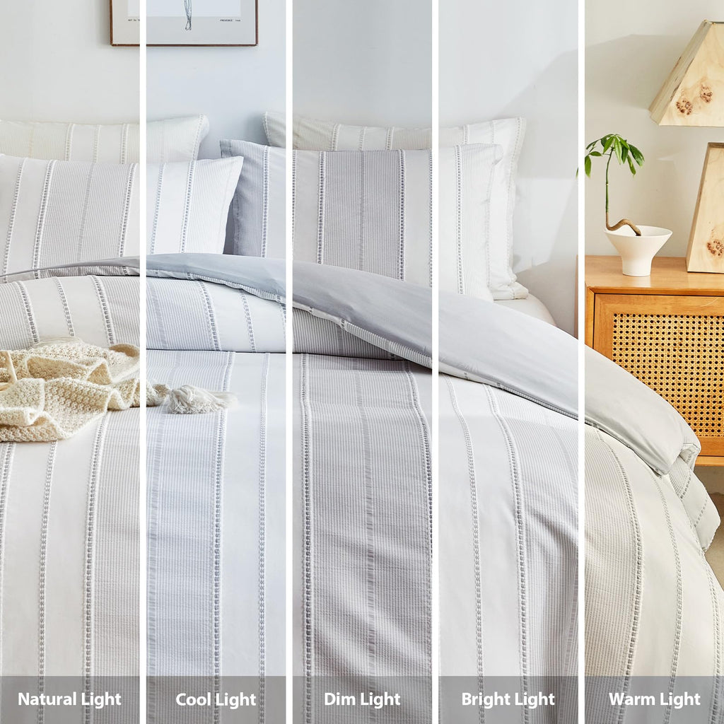 Lightgrey Striped Boho Duvet Cover Set Twin Size, Knit Weave, 2pcs