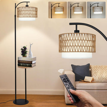 Arc Floor Lamp with Table and Shelves,Rattan Boho Floor Lamp with Remote Control,Rustic Floor Lamps Wicker Standing