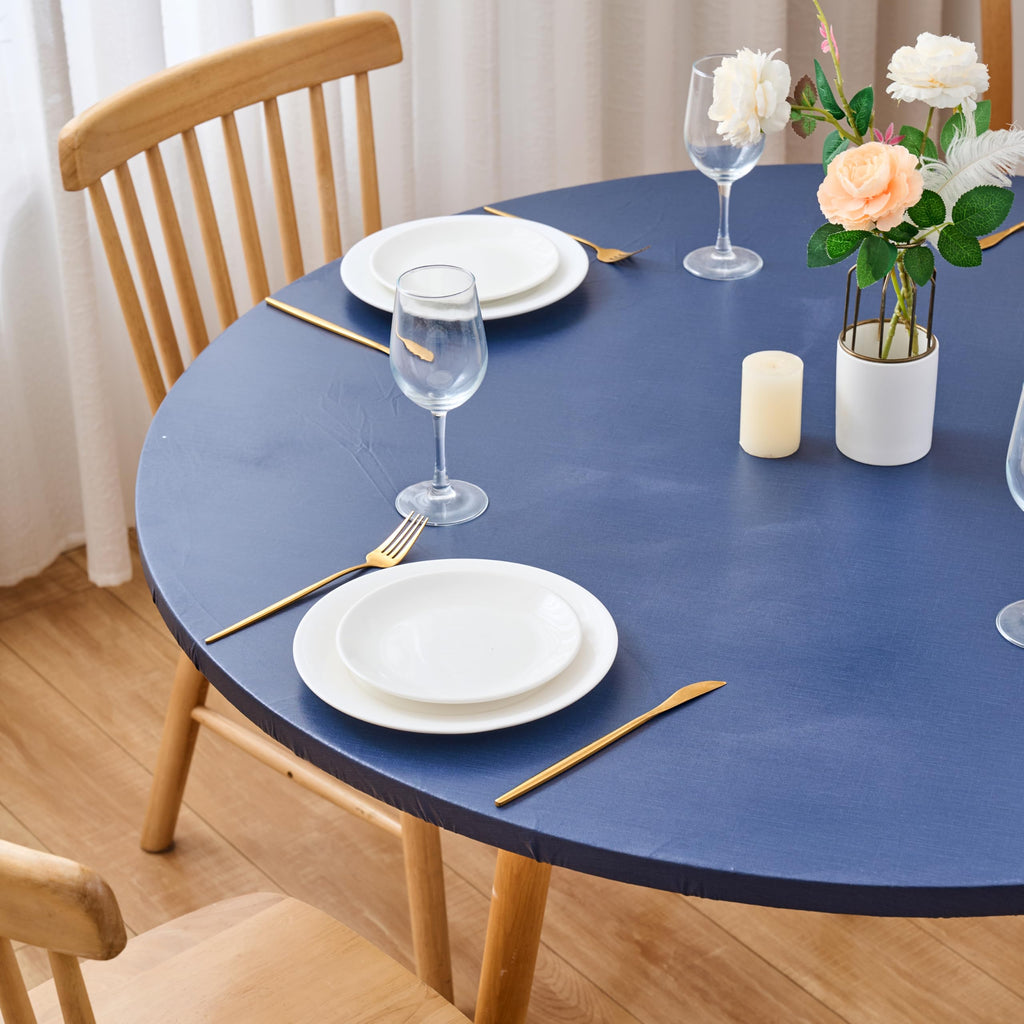 Navy Blue Round Fitted Vinyl Tablecloth with Elastic Edge, 100% Waterproof Oil Proof PVC Table Cloth Wipe Clean Table