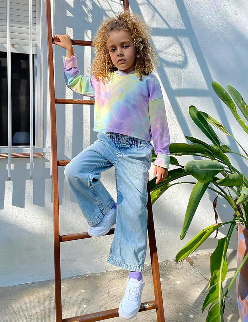 Girls Cropped Hoodie Kids Long Sleeve Crop Tops Tie-dye Hoodies Hooded Pullover Sweatshirts