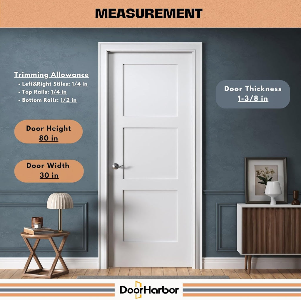 30" x 80" Prehung Interior Wood Door, 3-Panel Shaker, Left Handing, Solid Core, White Primed, with Pre-Drilled Holes