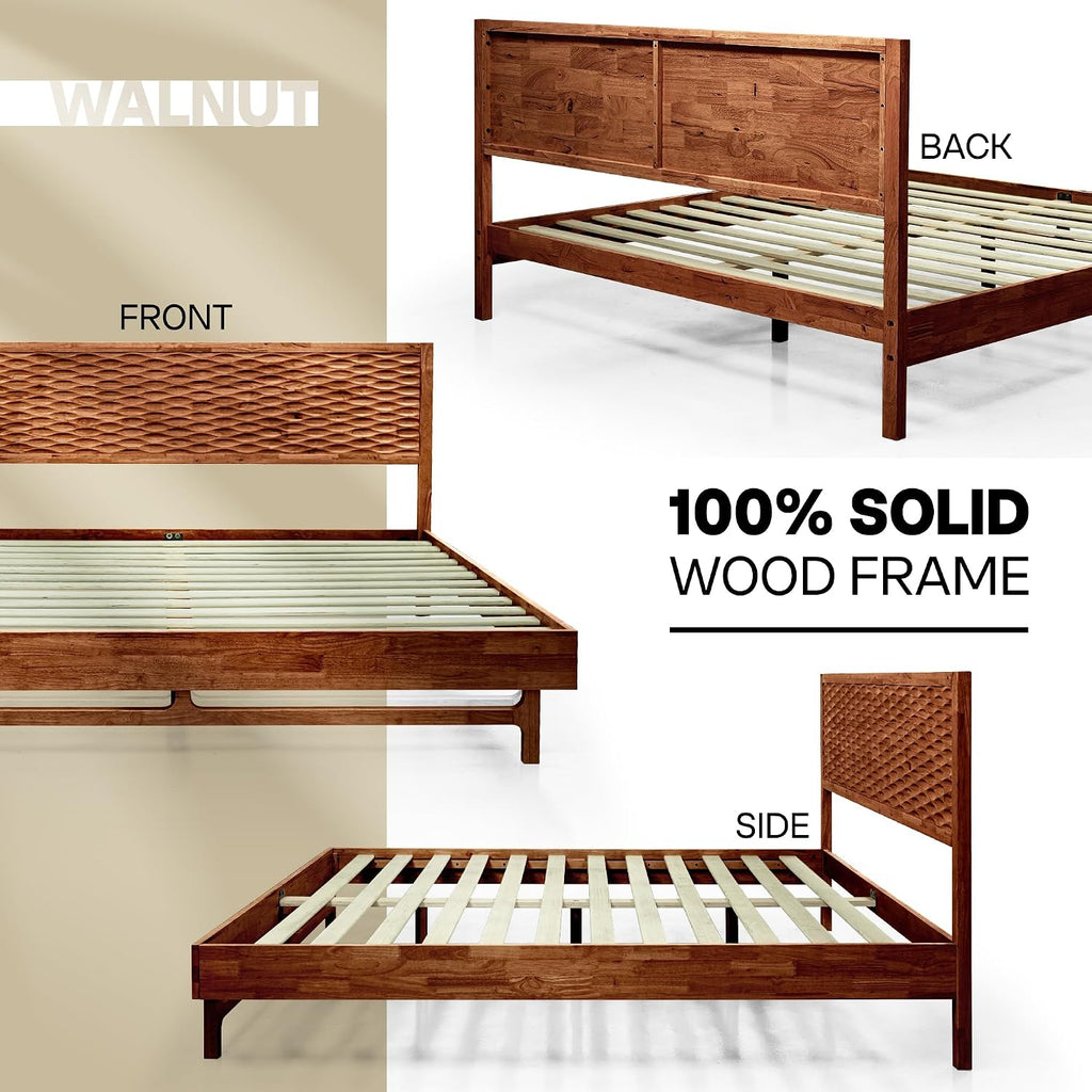 Elara Wood Bed Frame with CNC-Carved Headboard, King Size, Walnut
