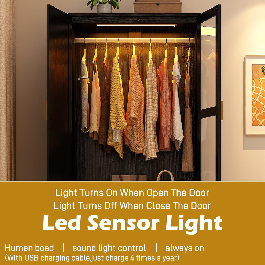 2 Doors Armoire Wardrobe Closet with LED and Mirror, 71" H Freestanding Wooden Wardrobe Closet Cabinet w 2