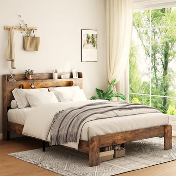 Wooden Bed Frame with Storage Headboard, Rustic Farmhouse Platform Bed Frame with Charging Station &