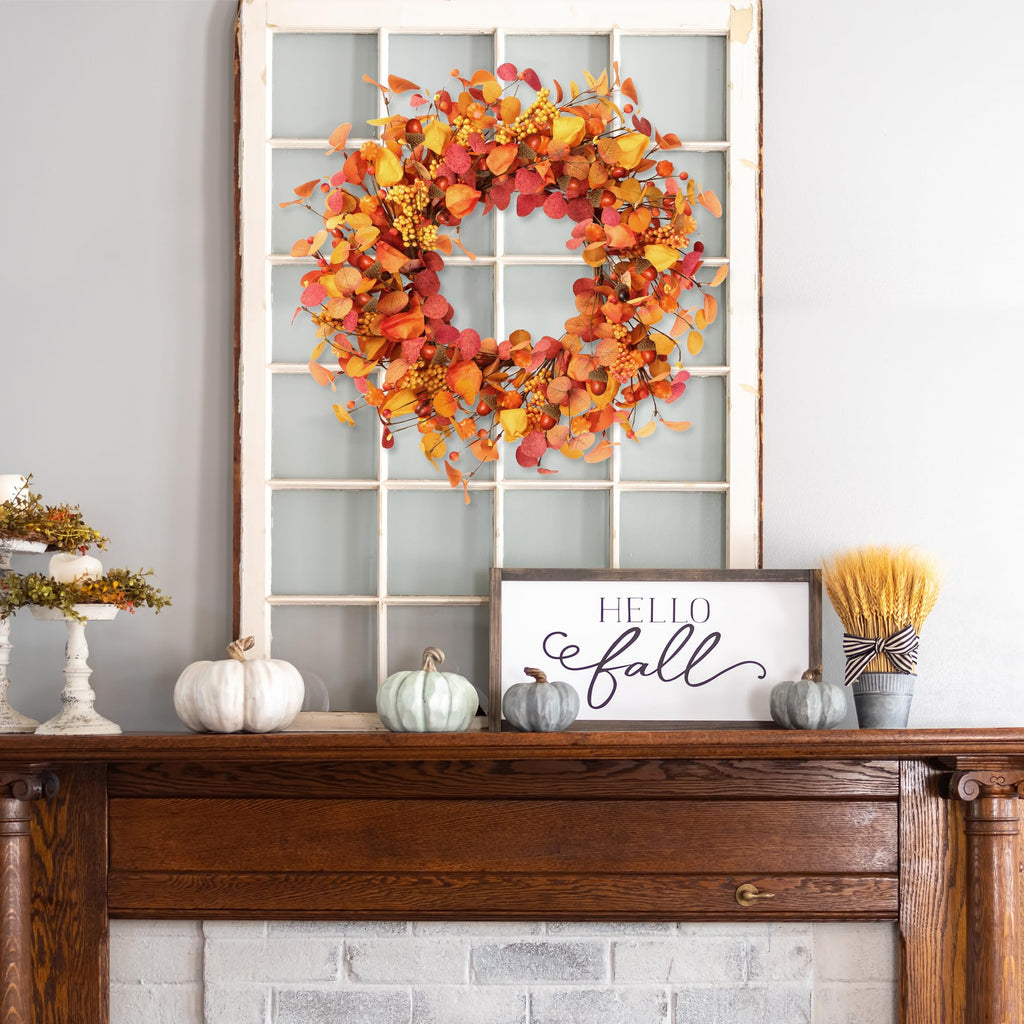 Artificial Fall Wreath 20'' Autumn Front Door Wreath with Eucalyptus Leaves Berries Small Pumpkins Lantern Fruit for