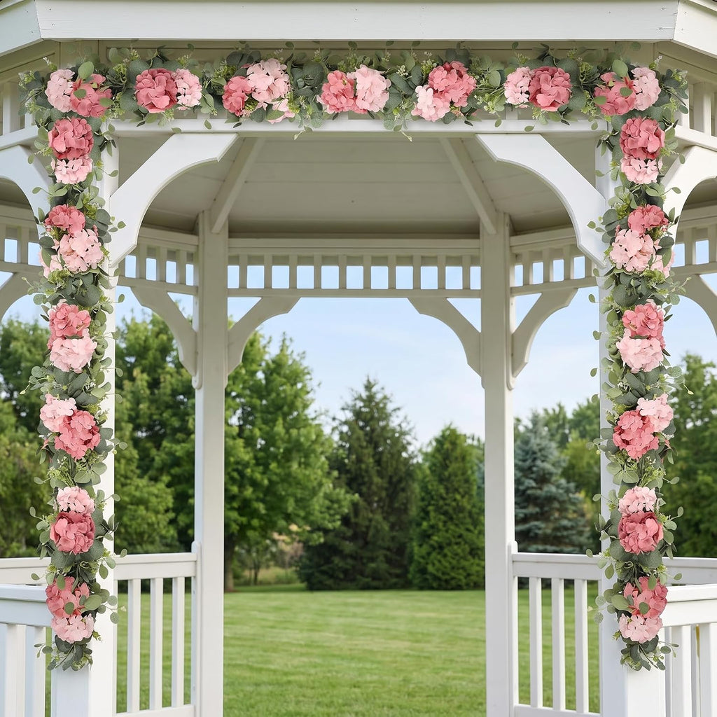 Artificial Hydrangea Flower Garland with Eucalyptus & Baby's Breath 6FT Floral Vines Greenery Garland for Mantel - Set of 2
