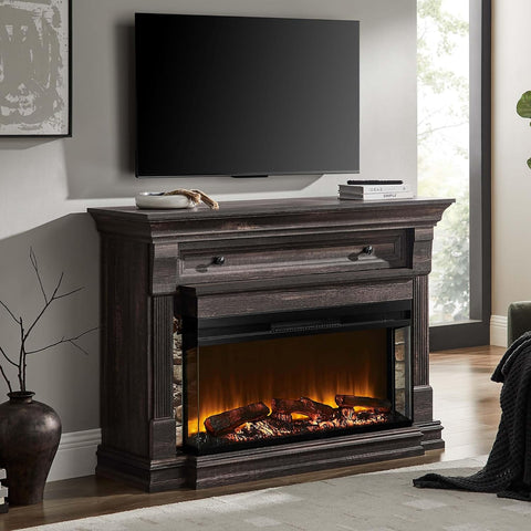52 Inch Electric Fireplace with Mantel, Fireplace TV Stand with 36 Inch 3-Sided Glass Electric Fireplace Heater, Dark Rustic Oak