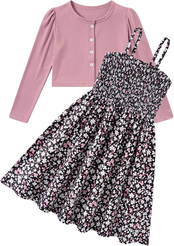 Girls Casual Adjustable Strap Sleveless Dress Cardigan Set