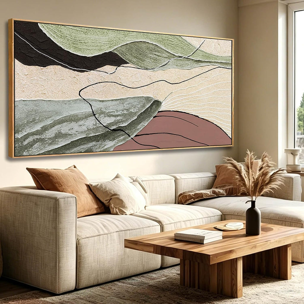 Brown Green Abstract Canvas Wall Art, Framed Beige White Painting, Neutral Black Prints Wall Decor, In Artwork