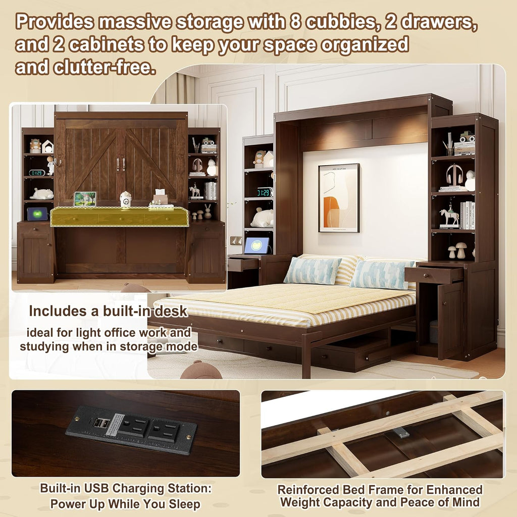 Murphy Bed with Desk, Storage Cabinets and Drawers, Wood Wall Bed with Shelves, Convert to Cabinet, Space-Saving