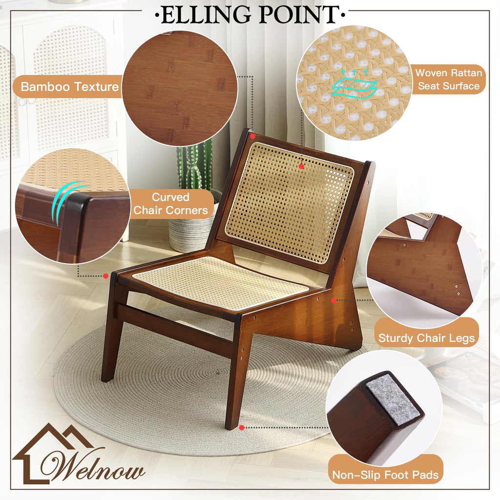 Mid Century Rattan Accent Chair with Woven Cane Backrest, Walnut