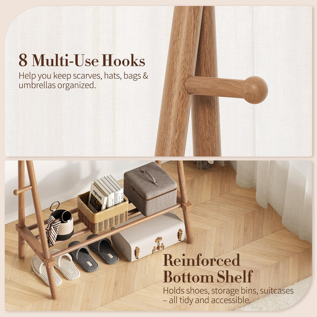 Solid Wood Clothes Rack - Heavy Duty Clothing Racks for Hanging Clothes with 8 Hooks, Portable Garment Rack for Dress