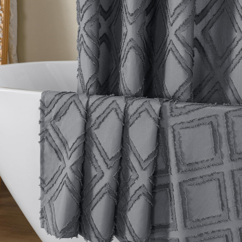 Extra Long 96 Inch Grey Shower Curtains, Boho Fabric Shower Curtain Grommet Top With 12 Hooks, Elegant Modern