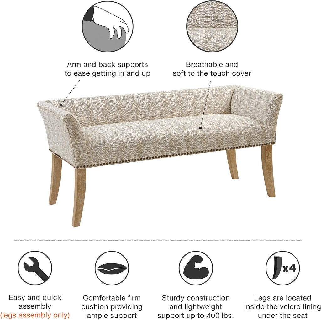 Accent Bench , Upholstered with Nailhead Trim, & Padded Seat Entryway Bench Small, End of Bed Bench with Back, 49.5"
