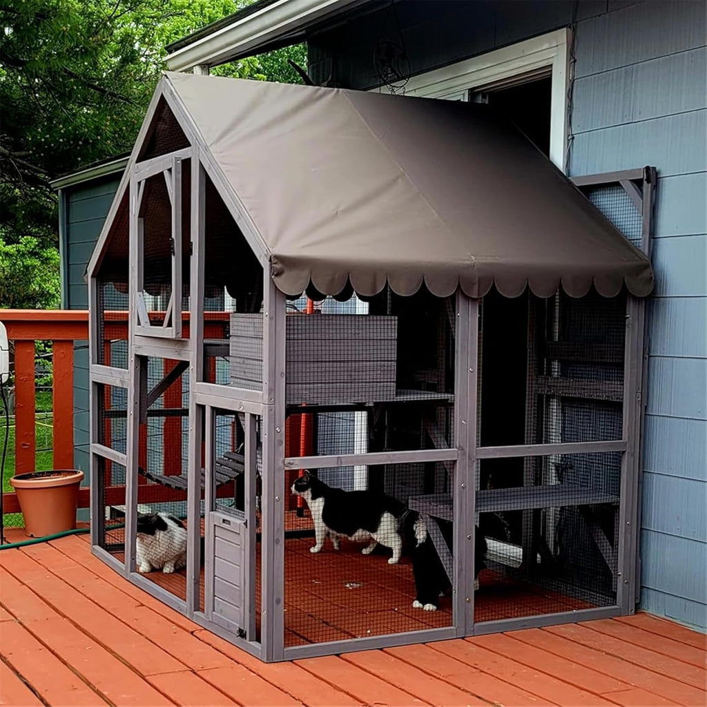 Cat House Outdoor Catio Kitty Enclosure with Super Large Enter Door, Wooden Cat Cage Condo Indoor Playpen