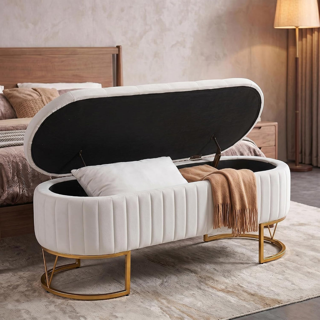 Velvet Oval Upholstered End of Bed Bench with Golden Metal Legs, 46' Modern Tufted Storage Ottoman Bench , Window