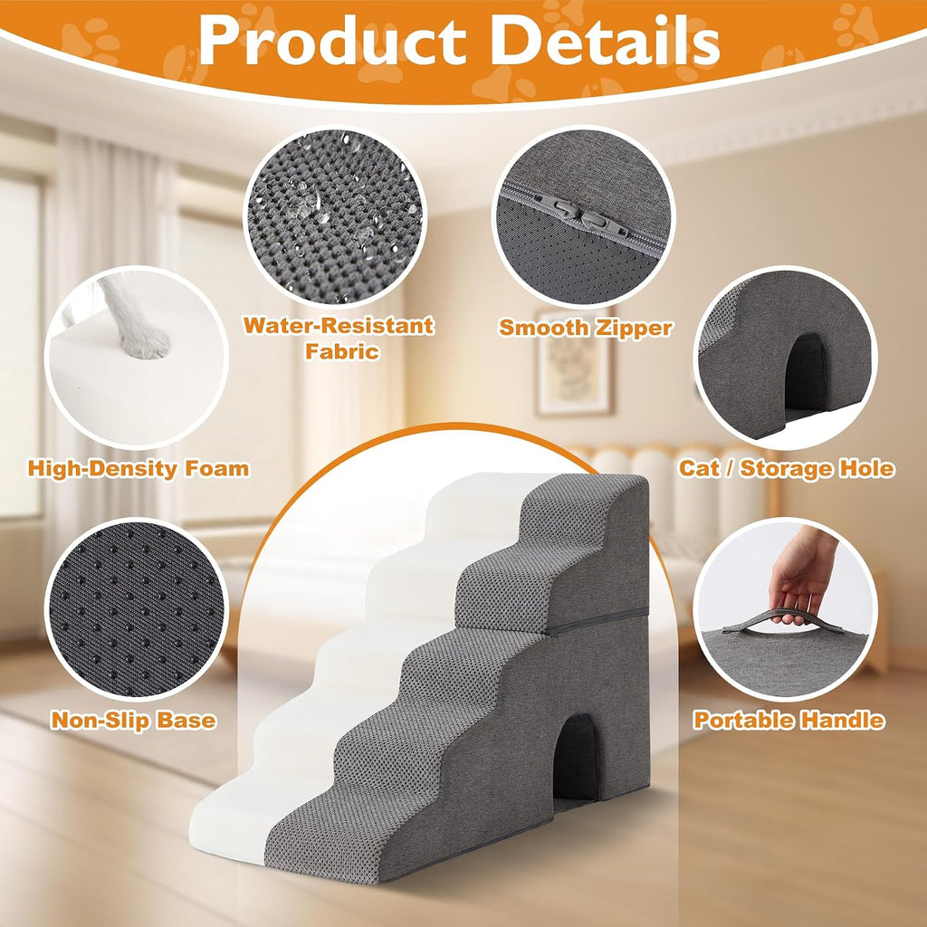 Dog Stairs for Bed 23'' H, 5-Step Dog Steps for High Bed, Grey