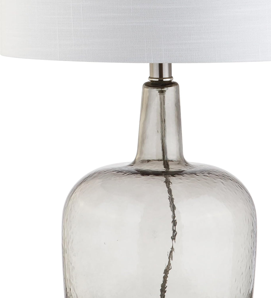 26" Smoked Gray Glass LED Table Lamp, Modern Contemporary Bedside Nightstand Lamp Bedroom, White Linen Drum Shade