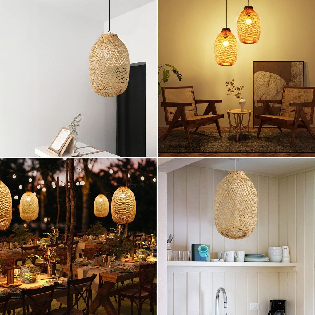 Bamboo Bulb Guard Lamp Cage for Pendant Lights, Rustic Vintage Bamboo Lamp Shade with FREE Dimmable 40W LED Bulb