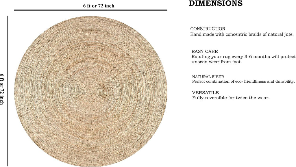 Handwoven Jute Area Rug - 6 feet Round - Natural Yarn - Rustic Vintage Beige Braided Reversible Rug - Eco Friendly