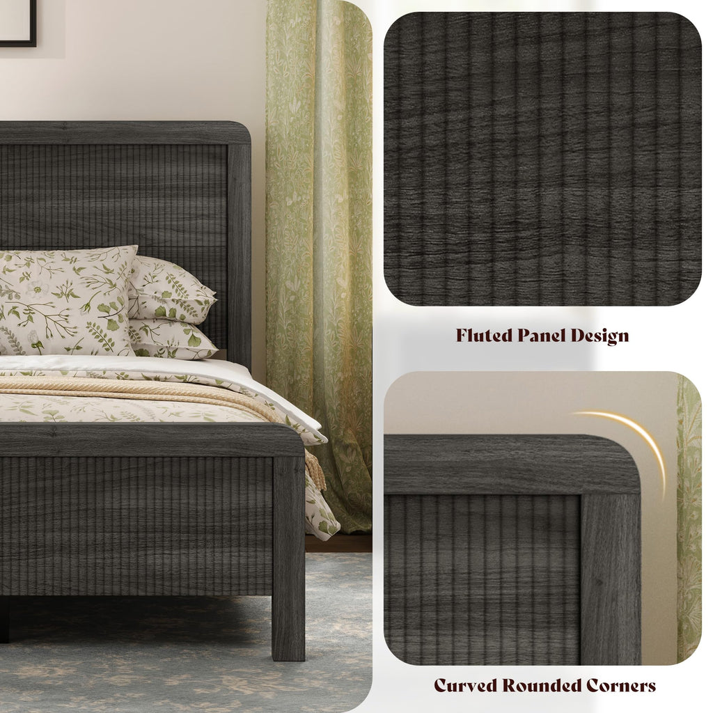 Wood King Size Bed Frame with Fluted Headboard & Footboard, Black