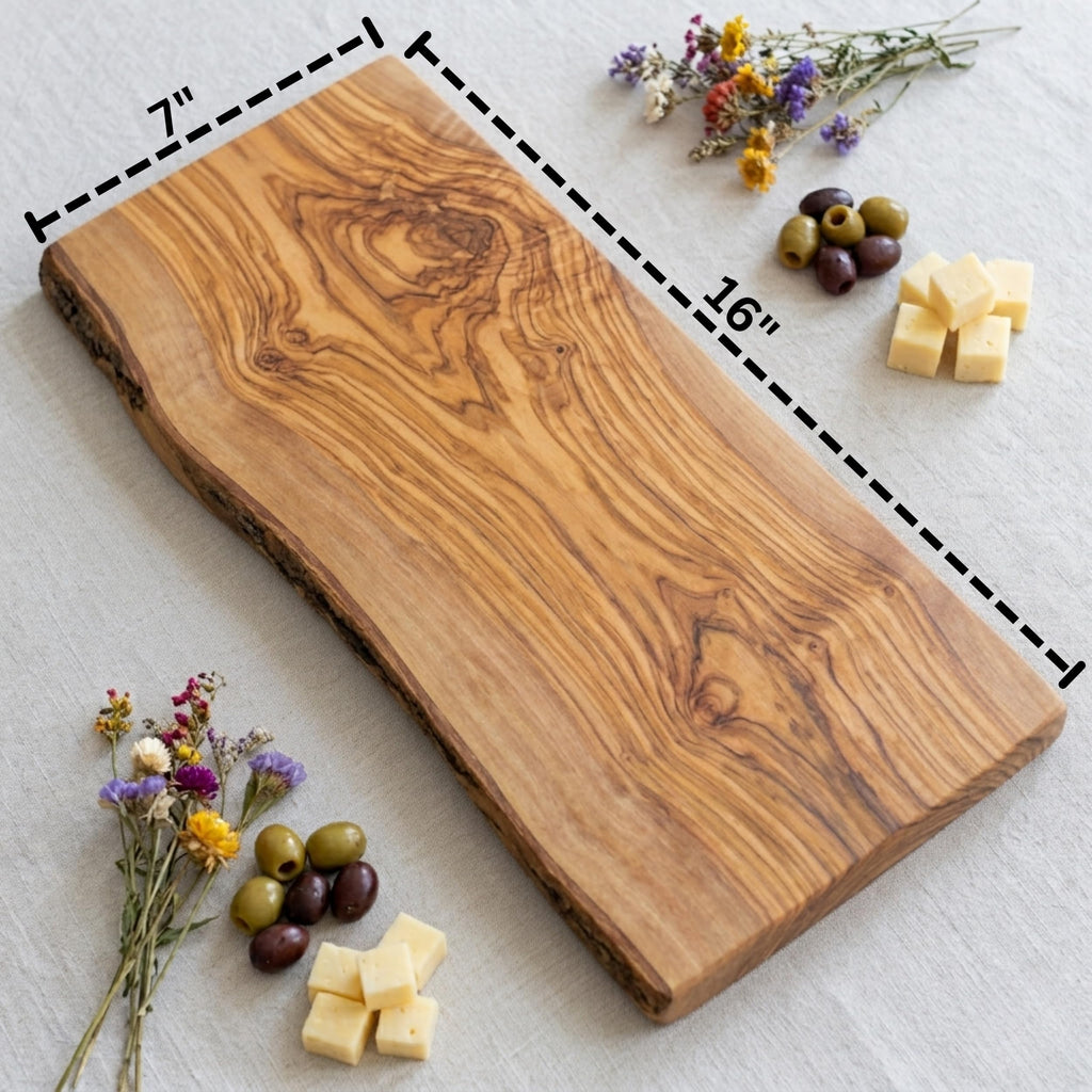 Live Edge Olive Wood Cutting Board 16"L X 7"W X 0.75"TH Rustic Large Wooden Charcuterie Board - Handmade Bread &