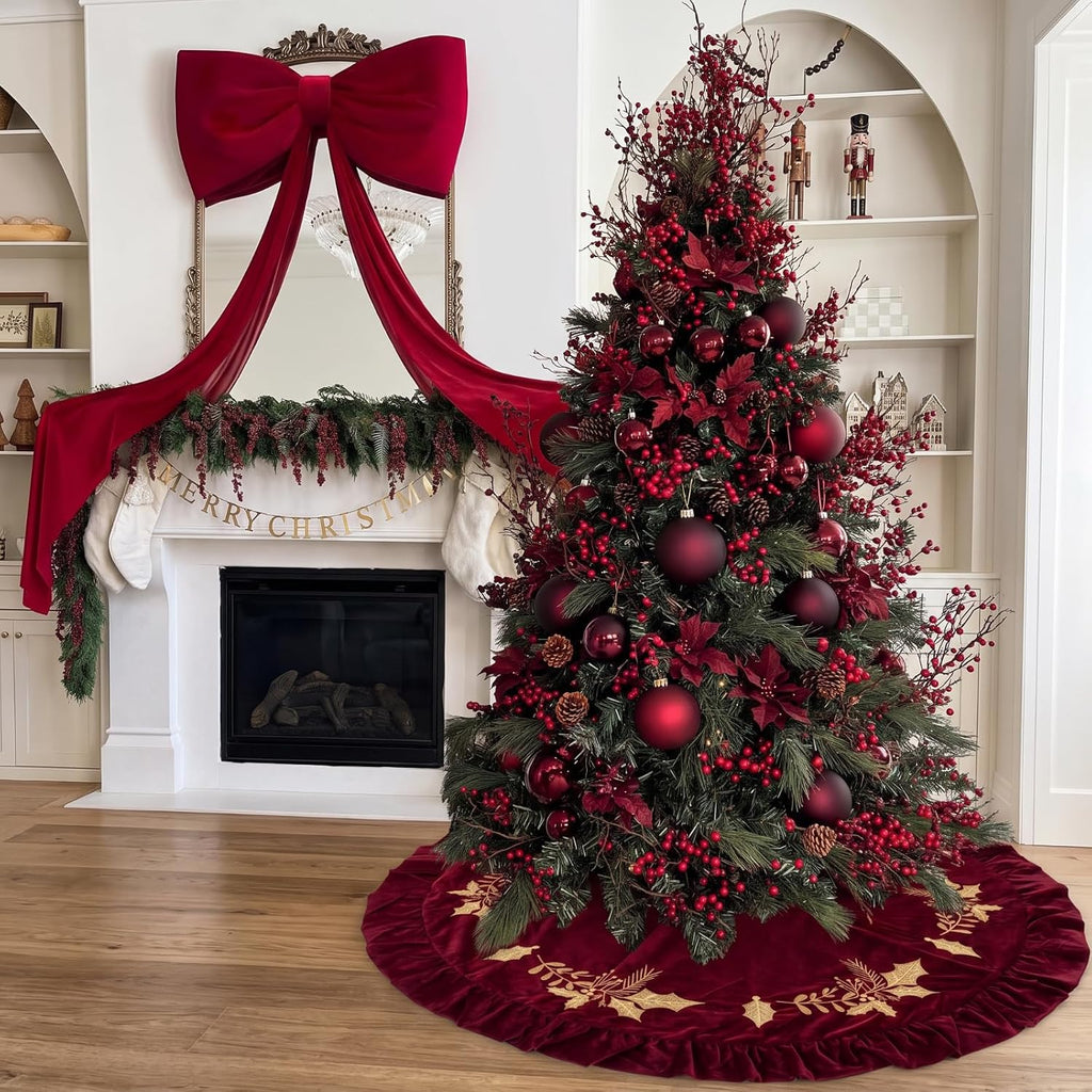 Christmas Tree Skirt, 72 Inches, Gold Embroidered Holly Style, Red
