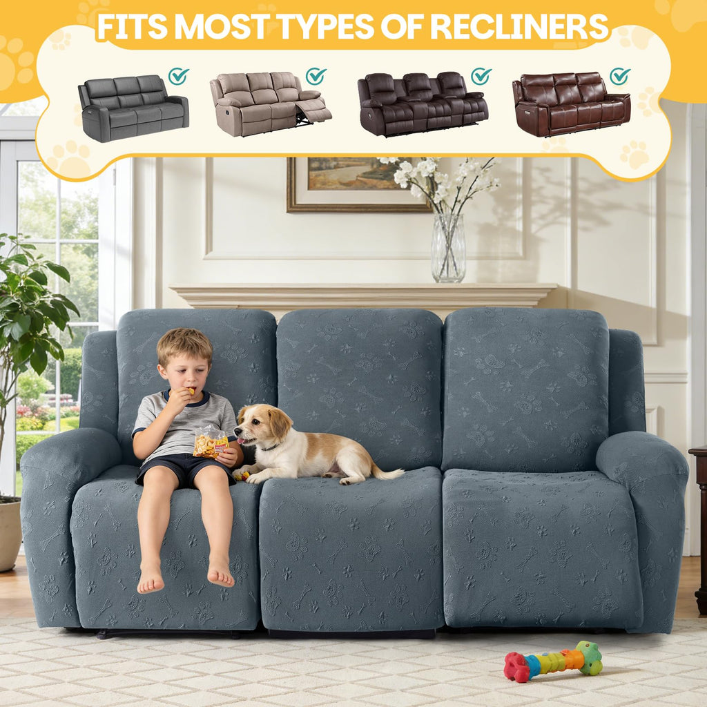 Stretch Recliner Couch Cover, 3 Seat, 8-Piece Set, Gray