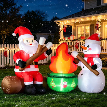 6FT Christmas Inflatable Yard Decor, Santa Claus & Snowman Roasting Marshmallows Around Campfire, LED Light Blow Up