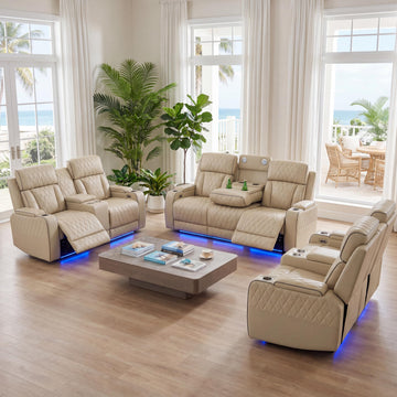 Power Reclining Leather Sectional Sofa Theater, Electric Recliner Couch with Wireless Power, LED Ambient Lighting