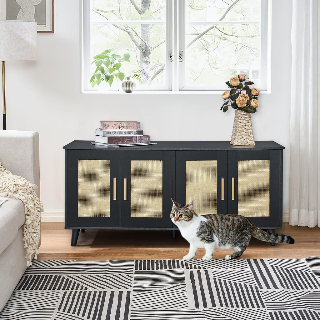 Boho Cat Litter Box Enclosure for 2 Cats, Black and Natural