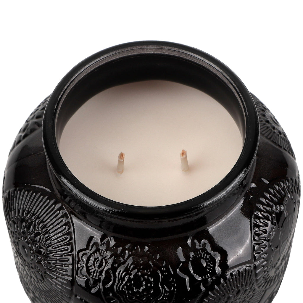 Black Sand & Cashmere Embossed Jar Candle (18 oz) Jasmine, Coconut, Rose, Bergamot, Floral - Dual Wick Embossed Glass