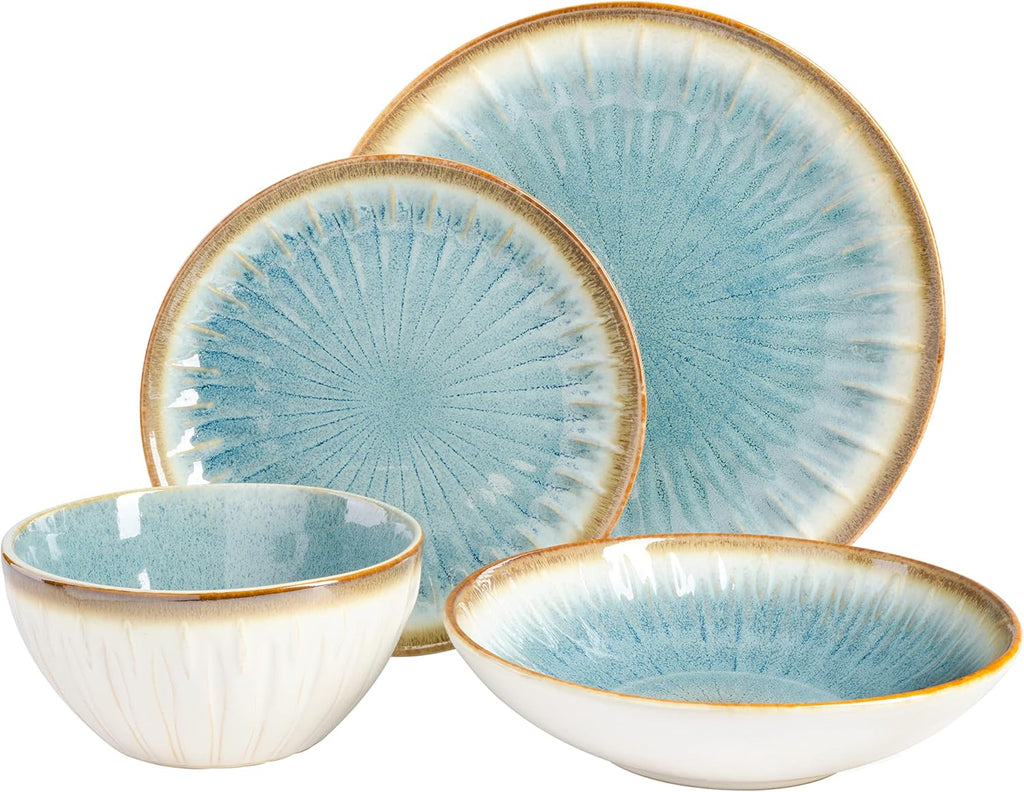 Mayfair Bay 16-Piece Embossed Double Bowl Dinnerware Set, Service for 4 - Blue Stoneware Plates and Bowls