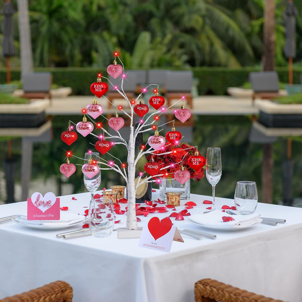 Birch Trees with Heart Ornaments 24'' Artificial Heart Table Tree Valentines Day Decorations with Cards Tree - Set of 2