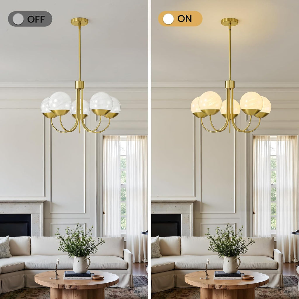5-Light Modern Gold Chandelier, Mid Century Sputnik Globe Pendant Light with Milk White Glass Shades, Height