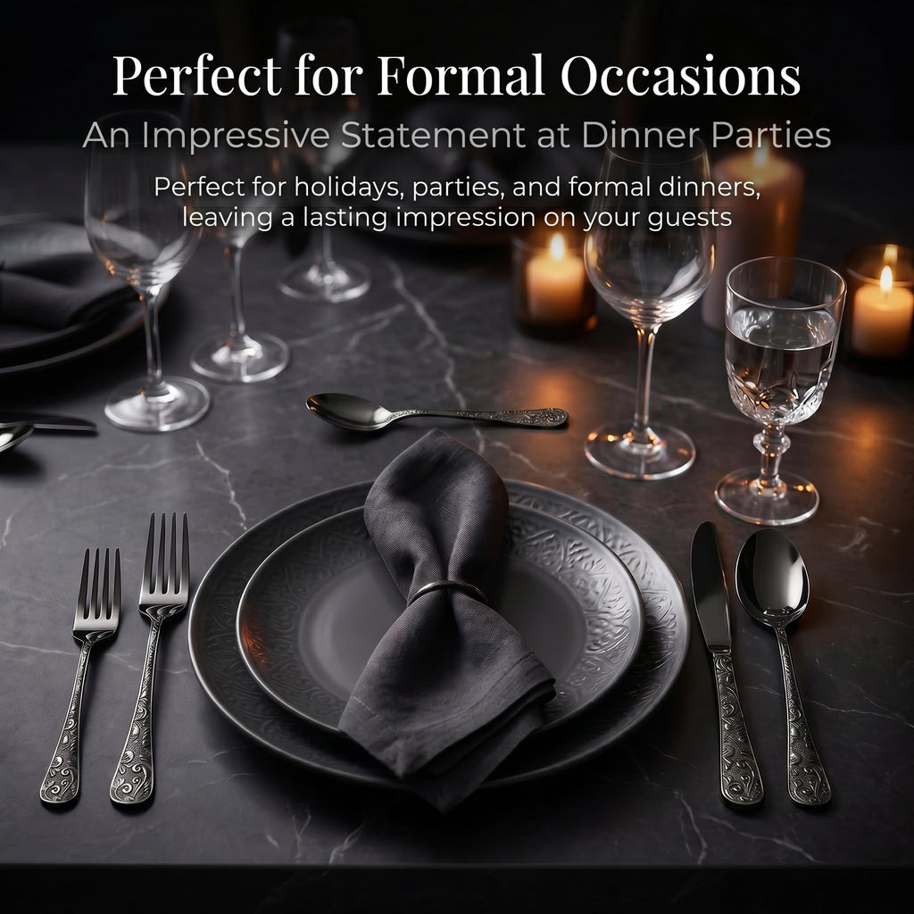 Black Silverware Set, 30 Pieces Vintage Carved Flatware Set for 6, Stainless Steel Cutlery Set with
