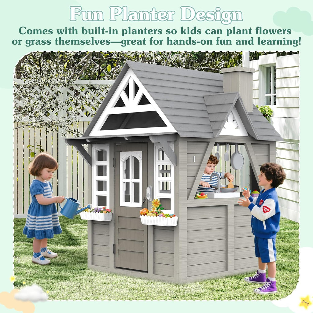 Kids Outdoor Cedar Playhouse, Weather-Resistant Gray Wooden Play House for Ages 3-8 with Play Kitchen, Working