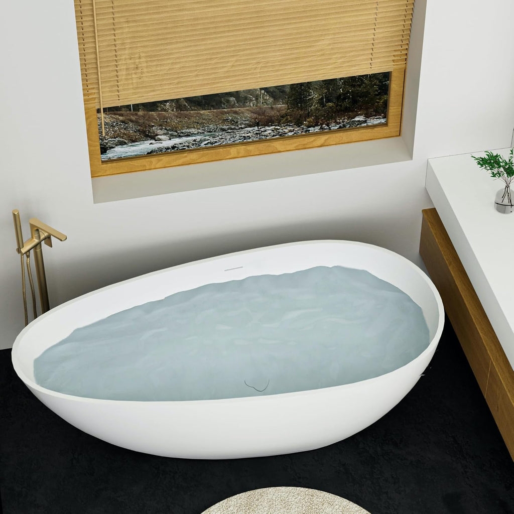 59 Inches Stone Resin Freestanding Soaking Bathtub, Handcrafted Solid Surface Flat Bottom Tub In Matte White, Cupc