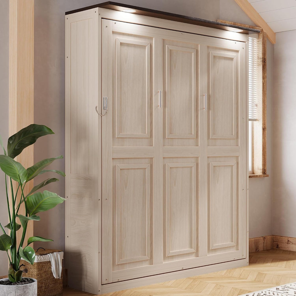 Murphy Bed with LED, Solid Wood Wall Bed, Converts to Cabinet for Space Saving, Queen, Beige