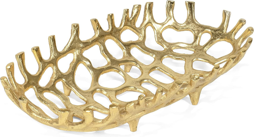 14" x 3" Large Decorative Oval Aluminum Golden Branch Reef Centerpiece Tray