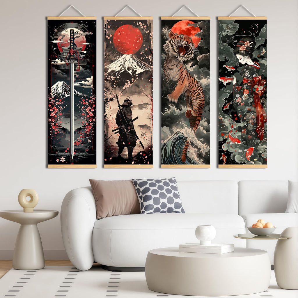 4PC Japanese Samurai Scrolls Canvas Wall Art Poster 11.81x35.43in