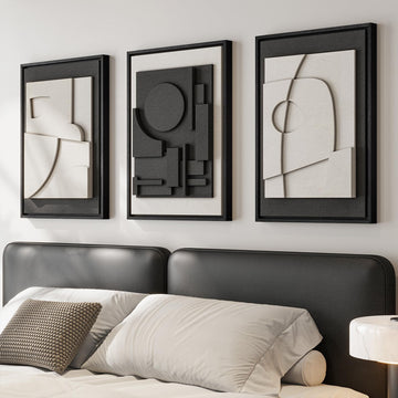3D Textured Framed Black and White Abstract Wall Art Set of 3, 16x24 In