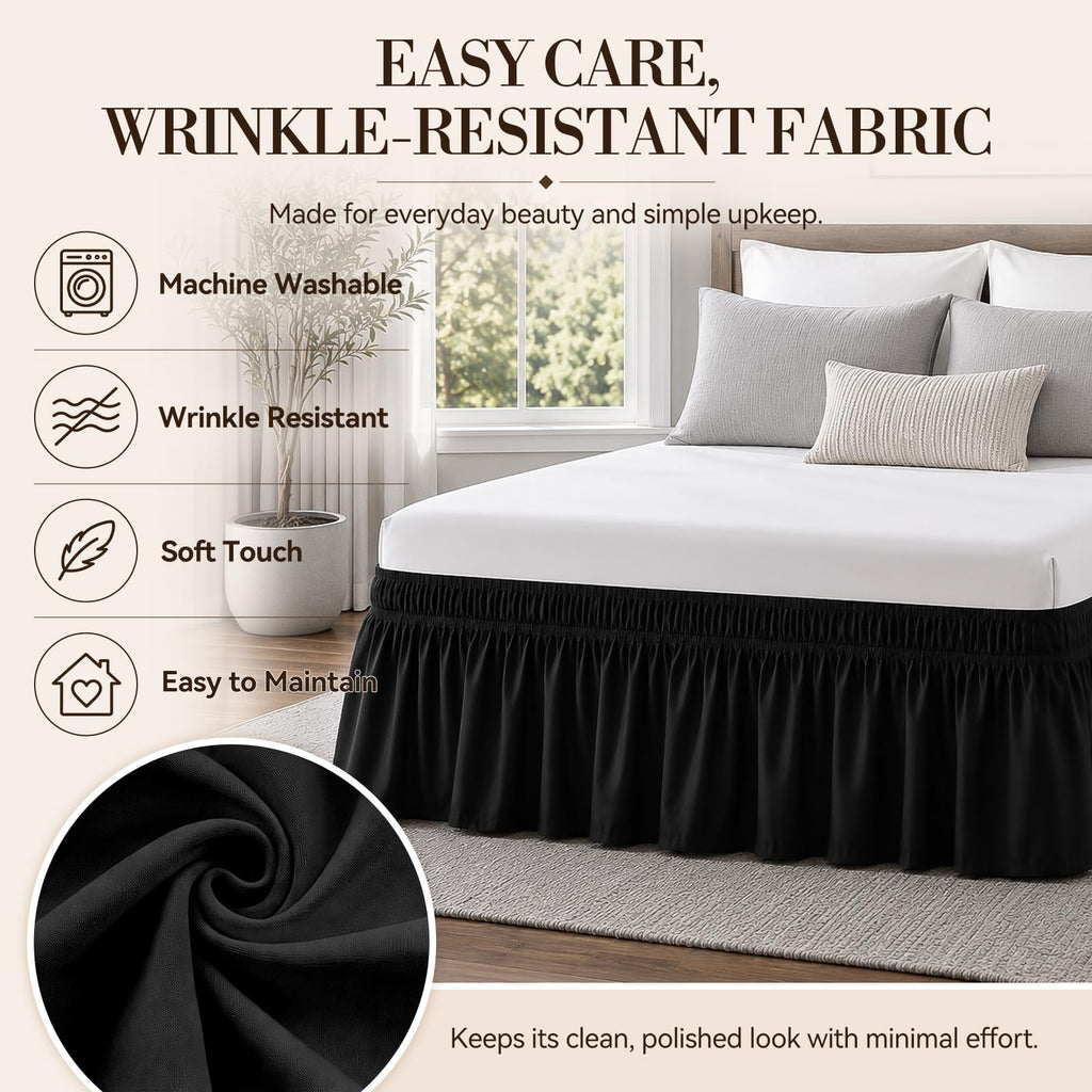Black Queen Bed Skirt 14 Inch Drop, Elastic Wrap Dust Ruffle