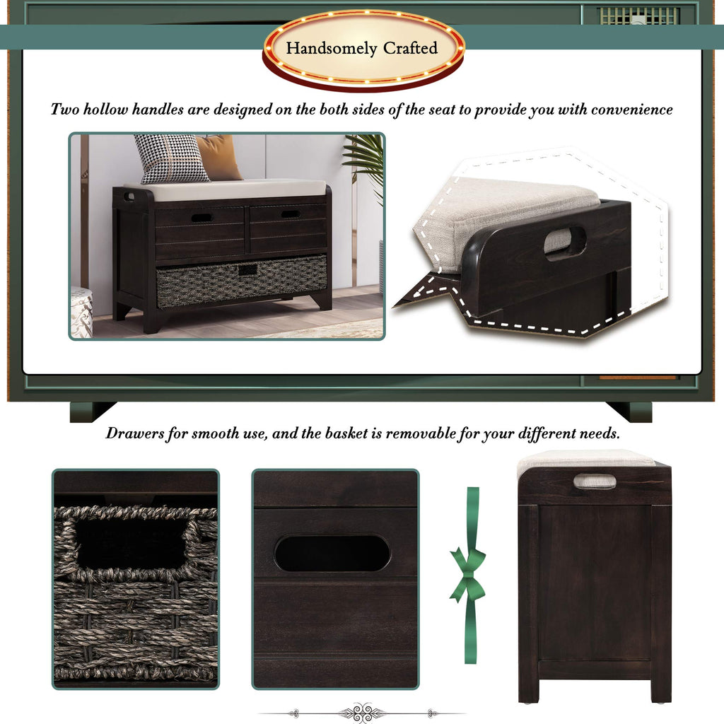 Farmhouse Wood Shoe Bench with Storage and Seat Cushion Hallway Front Door Espresso