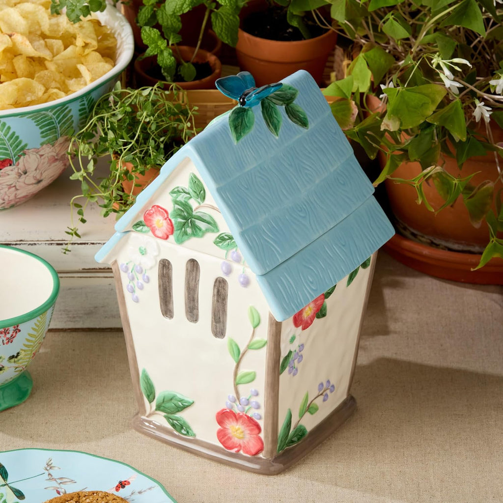 Flora 3D Birdhouse Cookie Jar - 88-Ounce Hand-Painted Ceramic Storage Jar with Floral and Butterfly Design