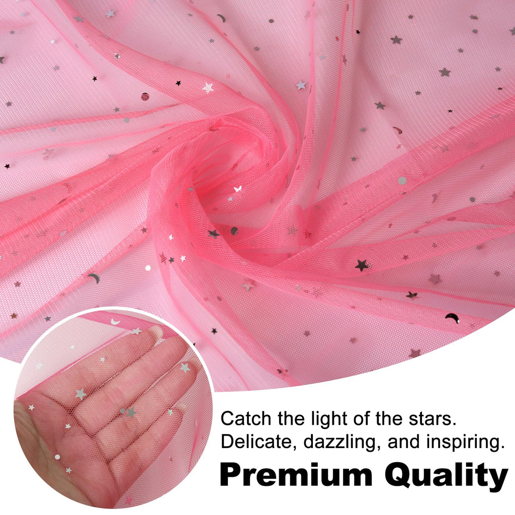 61"Width Glitter Tulle Fabric with Star Moon Sequin, 100% Polyester, Sparkly Fabric for Tutu Skirt Bridal Veil
