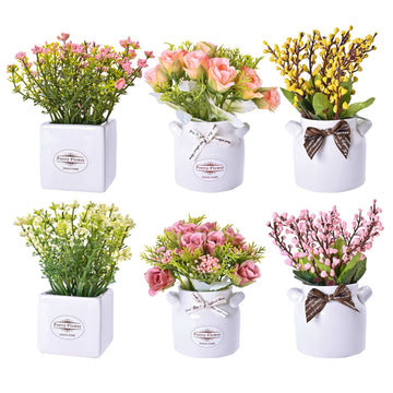 6Pcs Artificial Flowers with Ceramic Pot, Faux Flowers in Vase
