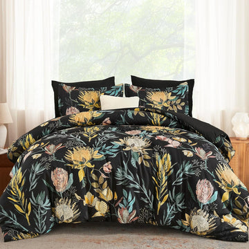 Queen Comforter Set 7 Pieces Bedding Sets, Black Floral Comforter and Sheet Set
