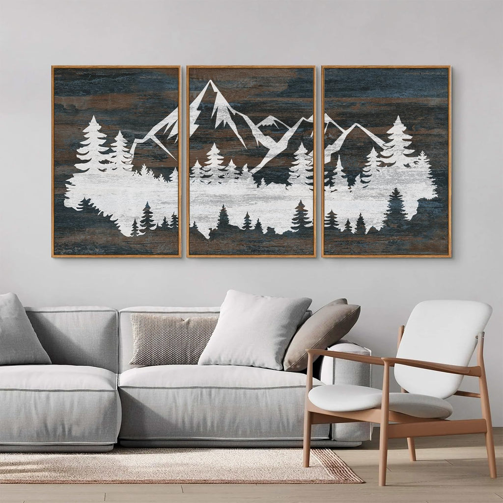 Vintage Mountain Framed Canvas Wall Art, White Snowy Nature Landscape Wall Decor, Rustic Wilderness Forest Art